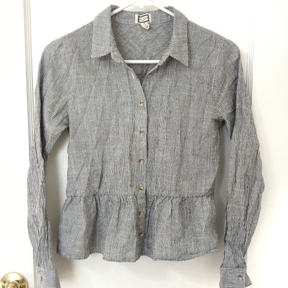 3/$20 Anthropologie Mo:Vint Striped Linen Blend Button Down Peplum Hem Size XS